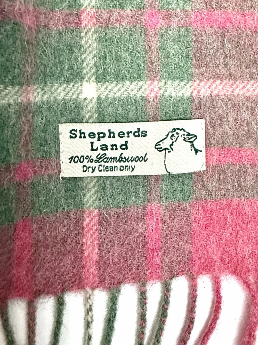 NWOT Shepard Land Lambswool Pink Green Tartan Plaid Fringed Scarf Men's Women's